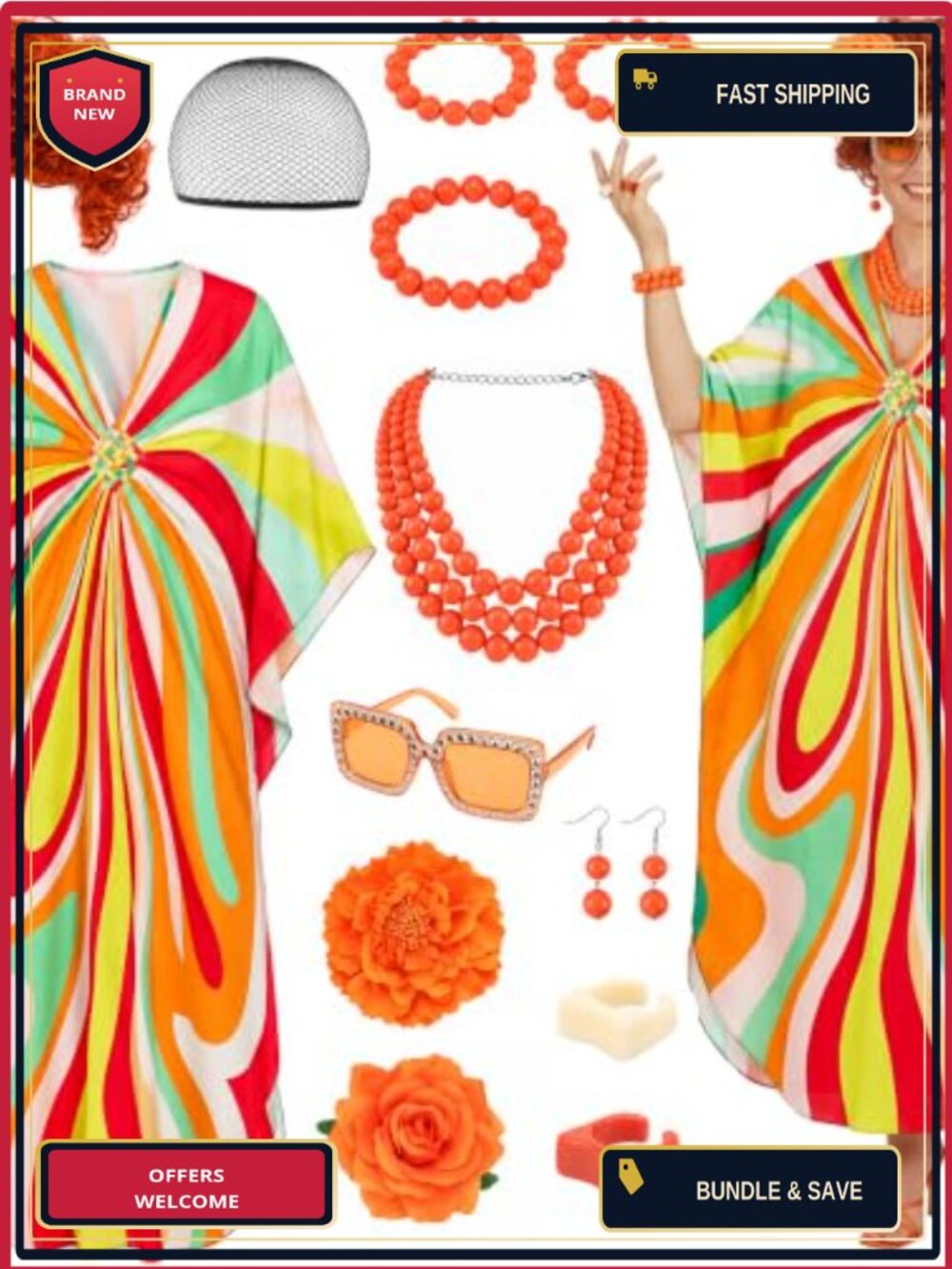 Women Landlady Costume Caftan Dress Curly Wig Jewelry Sunglass Set